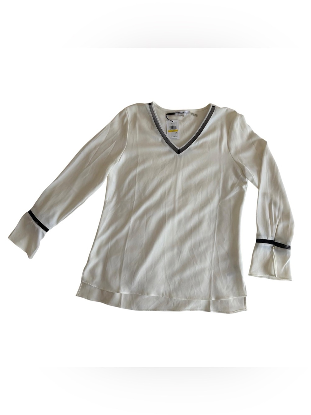 NWT Calvin Klein White V-Neck Long Sleeve Top with Black Trim